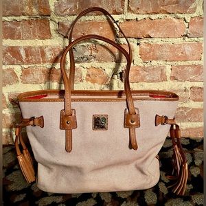 Dooney & Bourke Large Canvas Tote with Leather Tassels Tan Brown Reddish /white